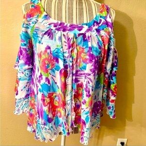 NWT Floral Blouse XS Hot in Hollywood Cold Shoulder Layered Bell-Sleeves Pastel
